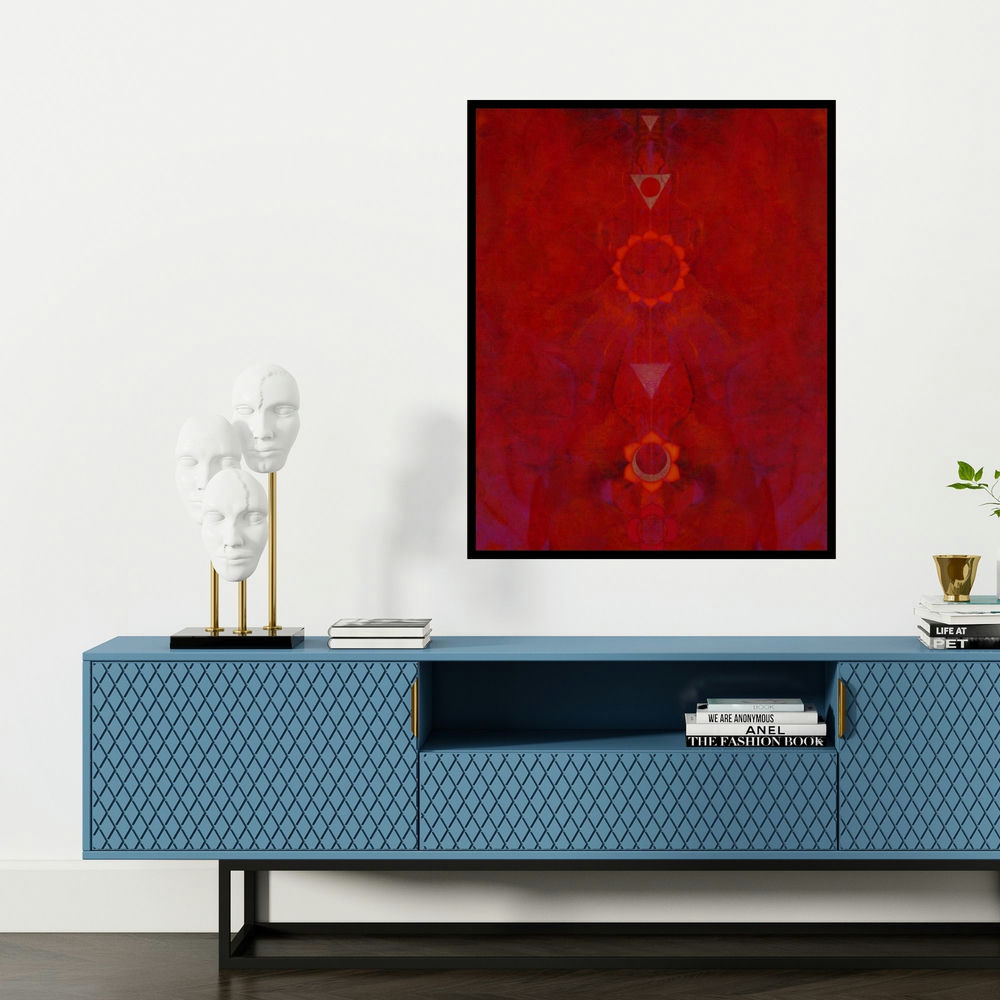 'Untitled 1 (The Cosmic Dance)' painting by Keshav Kasar shown on a wall in a furnished room.