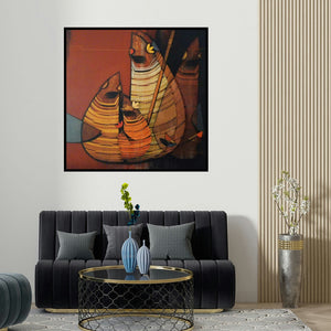 Rahul Dangat's 'Untitled 1 (Avian Harmony)' painting visualized above a sofa in a contemporary room.