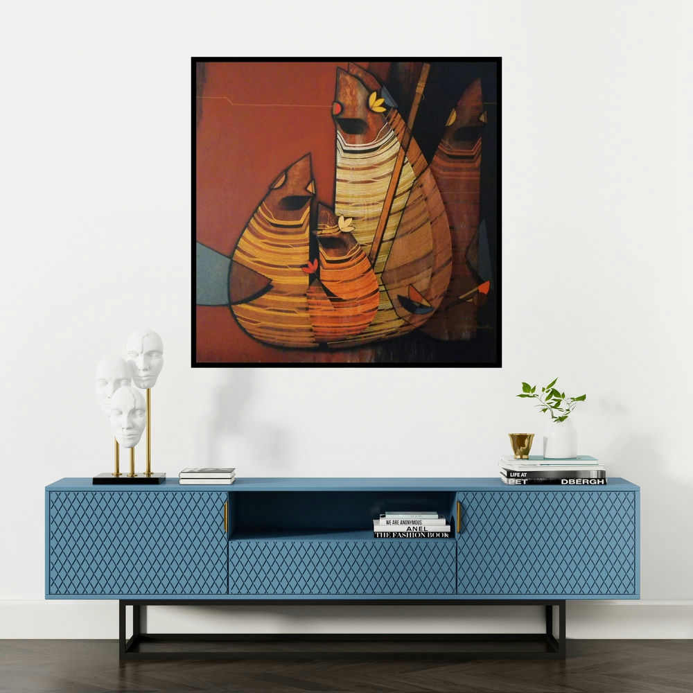 'Untitled 1 (Avian Harmony)' painting by Rahul Dangat shown on a wall in a furnished room.