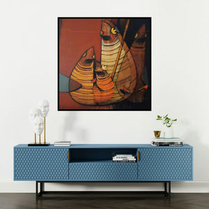 'Untitled 1 (Avian Harmony)' painting by Rahul Dangat shown on a wall in a furnished room.