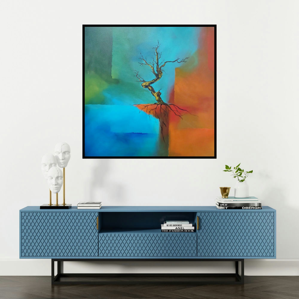 'Untitled 1 (Standing Strong)' painting by Sanjay Dhawale shown on a wall in a furnished room.