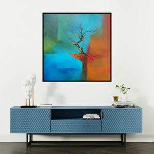 'Untitled 1 (Standing Strong)' painting by Sanjay Dhawale shown on a wall in a furnished room.