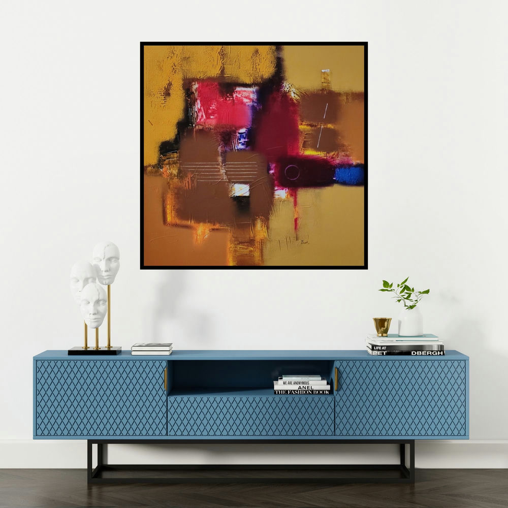 'Untitled 1 (The Flow of Energy)' painting by Paras Parmar shown on a wall in a furnished room.