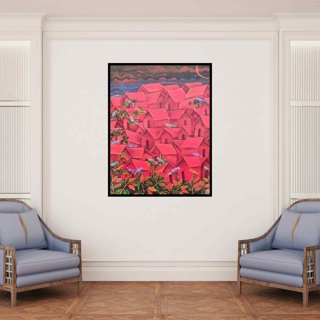 In-situ view of Sadaf Beg Khan's 'Untitled 1 (Crimson Village)' painting in a room