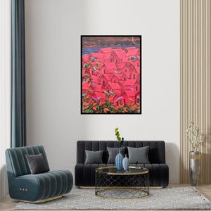 Preview of 'Untitled 1 (Crimson Village)' Painting by Sadaf Beg Khan shown on a wall in a furnished room.