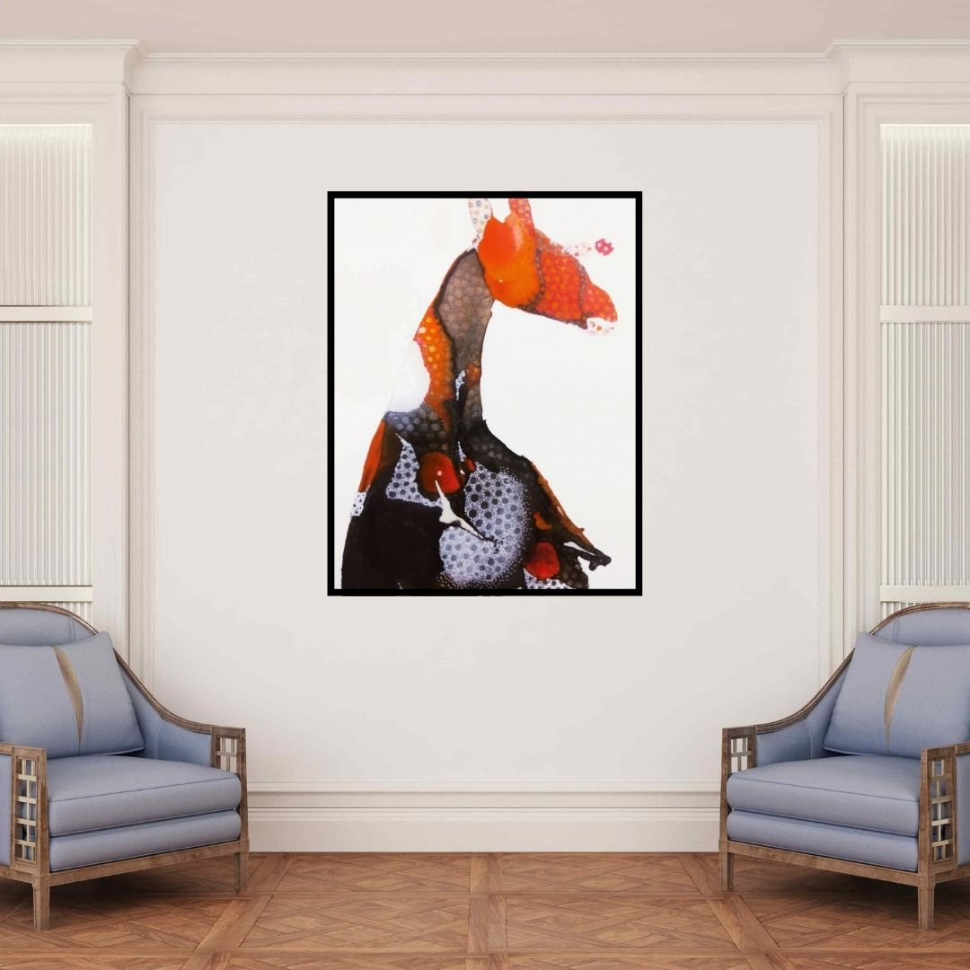 In-situ view of Huma Khan's 'Untitled 1 (The Giraffe's Grace)' painting in a room