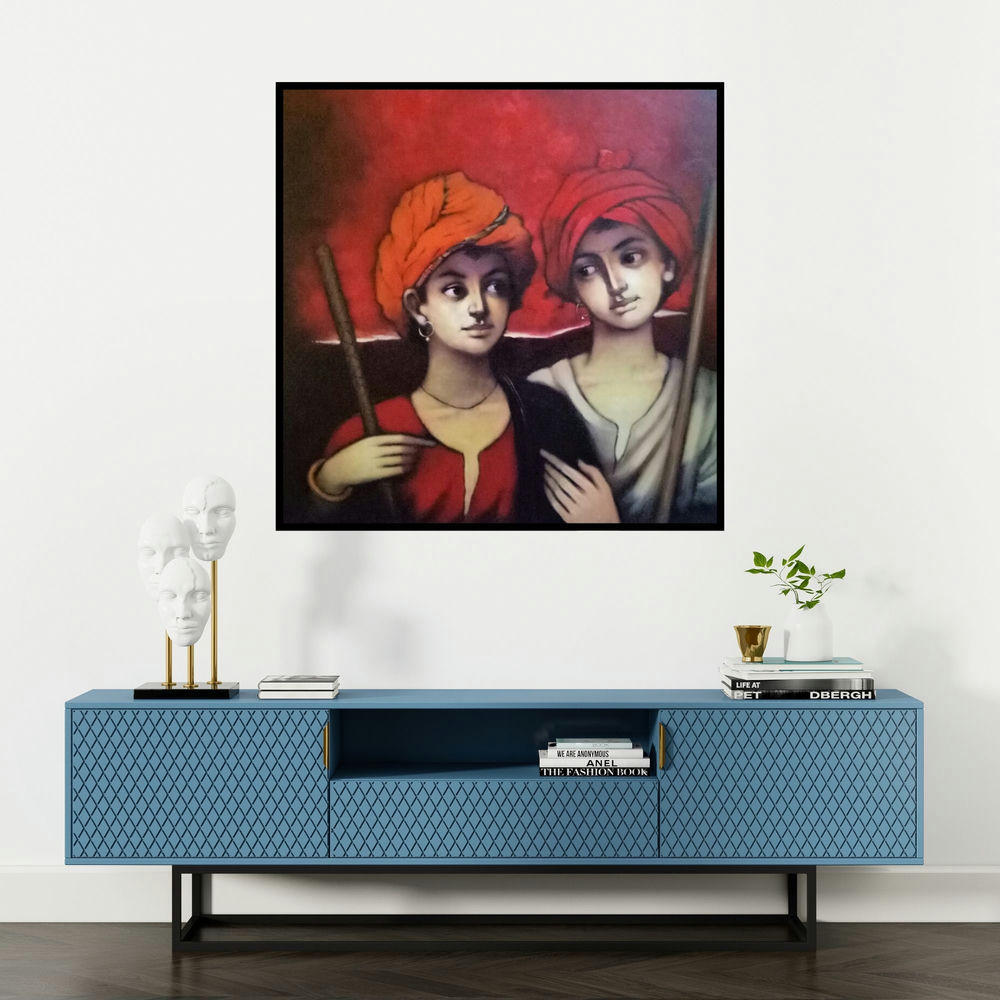 'Untitled 1 (The Marksman)' painting by Vijay Gille shown on a wall in a furnished room.