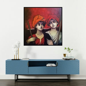 'Untitled 1 (The Marksman)' painting by Vijay Gille shown on a wall in a furnished room.