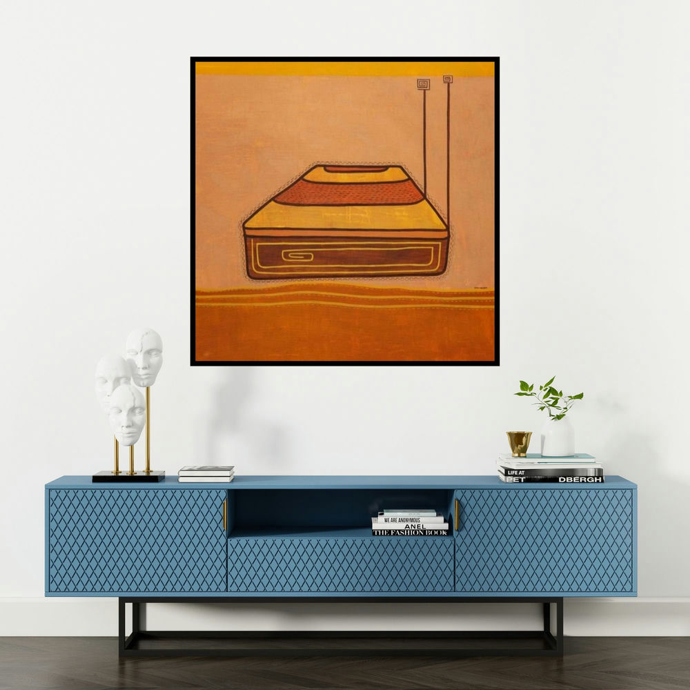 'Untitled 1 (A Broadcast from the Past)' painting by Snehal Ekbote shown on a wall in a furnished room.