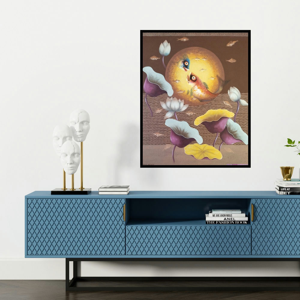 'Untitled 1 (Beneath the Lotus)' painting by Nur Ali shown on a wall in a furnished room.