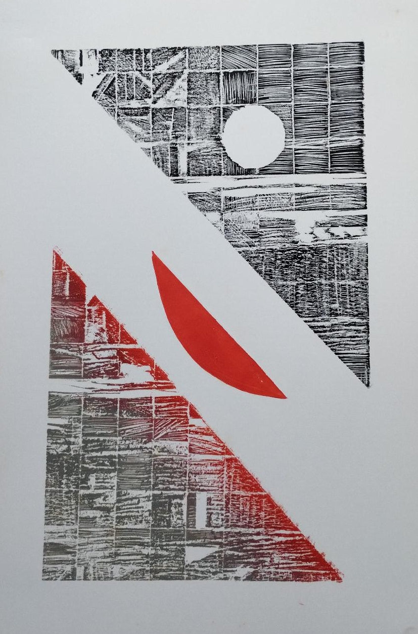 'Untitled 1' abstract wood cut printmaking by artist Shirish Mitbawkar, 17x12 inch, on paper