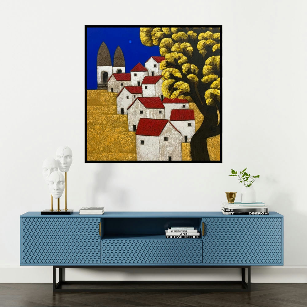 'Untitled 1' painting by Nagesh Ghodke shown on a wall in a furnished room.