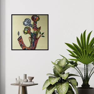 In-situ view of Navneet Rathod's 'Untitled 1 (Three Faces on Tree)' painting in a room