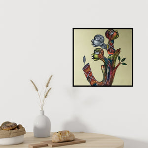 Preview of 'Untitled 1 (Three Faces on Tree)' Painting by Navneet Rathod shown on a wall in a furnished room.