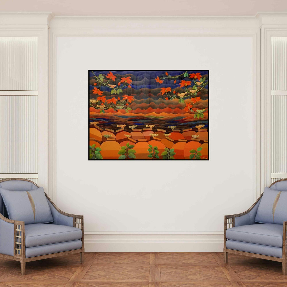 'Untitled 1 (A Flock's Sojourn)' painting by Sadaf Beg Khan shown on a wall in a furnished room.