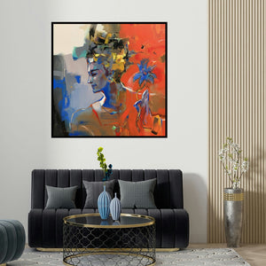 Niladri Paul's 'Untitled 1 (Serene Beauty)' painting visualized above a sofa in a contemporary room.
