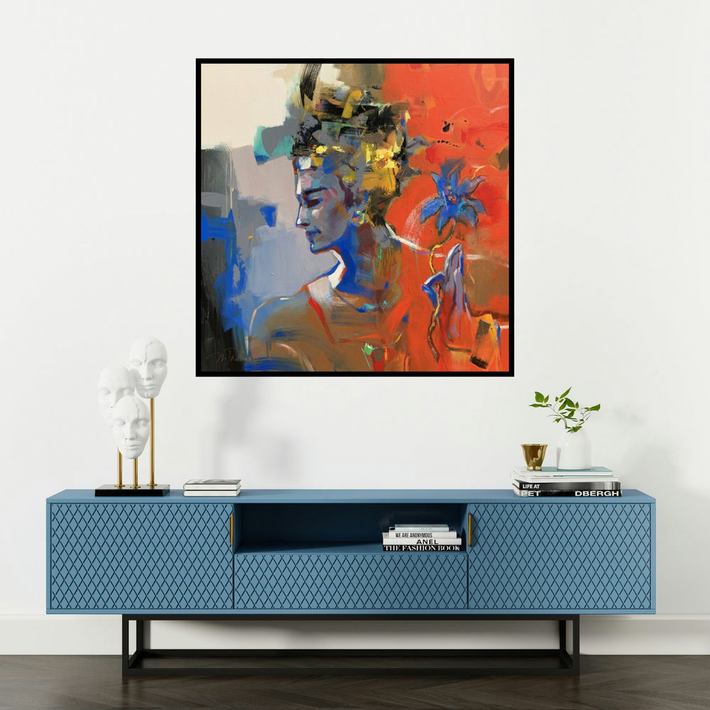 'Untitled 1 (Serene Beauty)' painting by Niladri Paul shown on a wall in a furnished room.