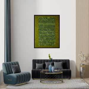 Preview of 'Untitled 1 (Verdant Tapestry)' Painting by Ishwari Manolikar shown on a wall in a furnished room.