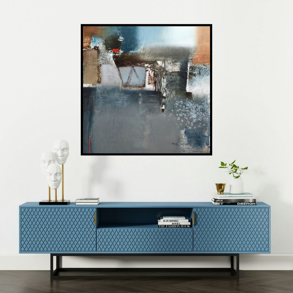 'Untitled 1 (Urban Tapestry)' painting by Paras Parmar shown on a wall in a furnished room.