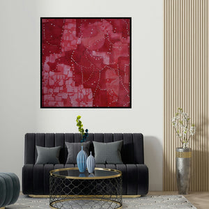 Govind Biswas's 'Untitled 1 (Crimson Tapestry)' painting visualized above a sofa in a contemporary room.