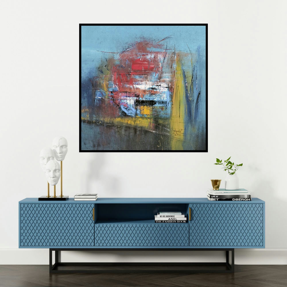 'Untitled 1 (Hidden Depths)' painting by Dnyaneshwar Dhavale shown on a wall in a furnished room.