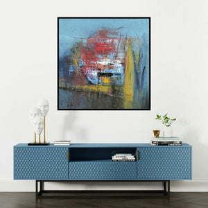 'Untitled 1 (Hidden Depths)' painting by Dnyaneshwar Dhavale shown on a wall in a furnished room.