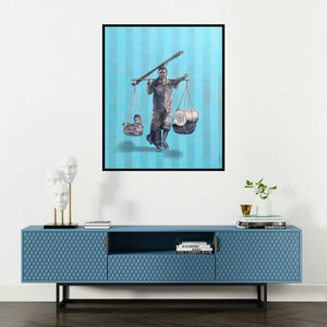 Kamlesh Chavda's 'Untitled 1 (Balancing Act)' painting visualized above a sofa in a contemporary room.