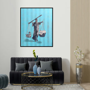 'Untitled 1 (Balancing Act)' painting by Kamlesh Chavda shown on a wall in a furnished room.