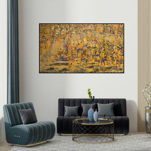Karishma Wadhwa's 'Untitled 1' painting visualized above a sofa in a contemporary room.