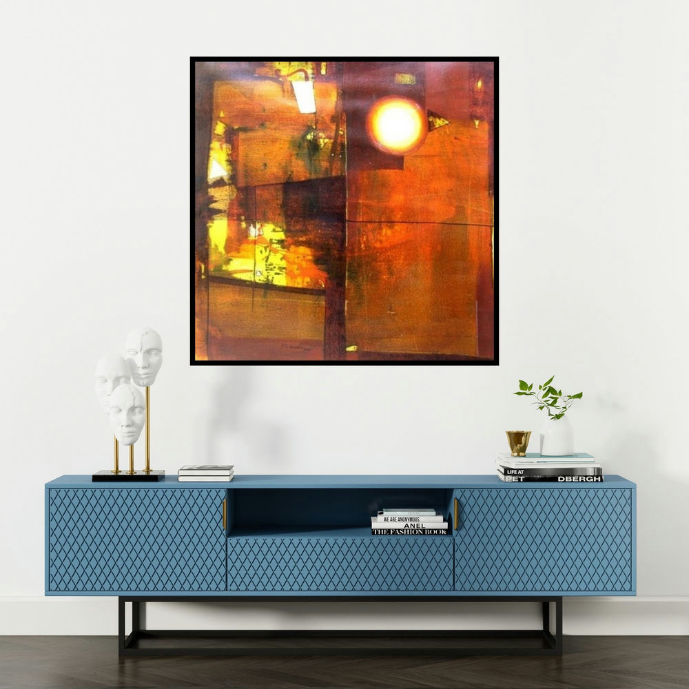 'Untitled 1 (Sun and Shadow)' painting by Stalin Joseph shown on a wall in a furnished room.