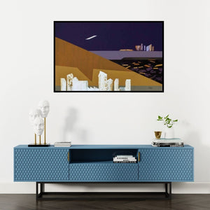 Preview of 'Untitled 1 (Urban Dreamscape)' Painting by Balasaheb Patil shown on a wall in a furnished room.
