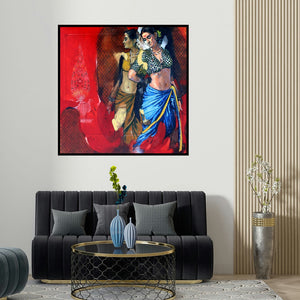 Ramchandra Kharatmal's 'Untitled 1 (Ramchandra Kharatmal - A Visionary Leader)' painting visualized above a sofa in a contemporary room.