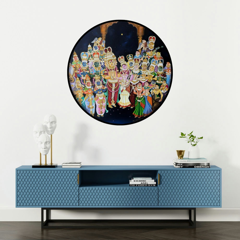 'Ram Darbaar (Krishna Kalyanam)' painting by Sachin Kharat shown on a wall in a furnished room.