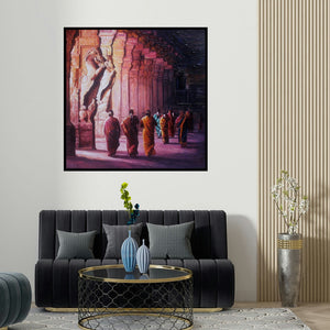 Iruvan Karunakaran's 'Untitled 1 (Majestic Meenakshi Temple)' painting visualized above a sofa in a contemporary room.