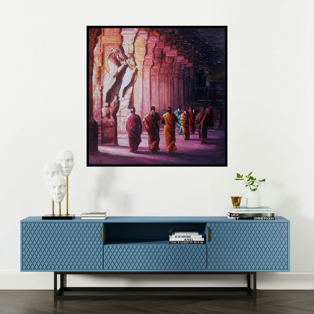 'Untitled 1 (Majestic Meenakshi Temple)' painting by Iruvan Karunakaran shown on a wall in a furnished room.