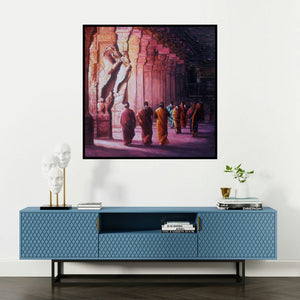 'Untitled 1 (Majestic Meenakshi Temple)' painting by Iruvan Karunakaran shown on a wall in a furnished room.
