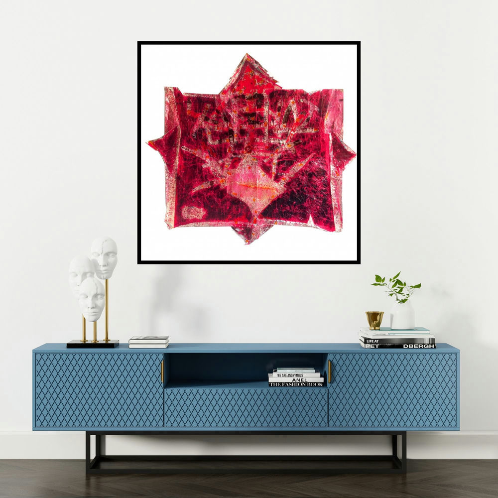 'Untitled 1 (Crimson Chaos)' painting by Sanjay Sawant shown on a wall in a furnished room.