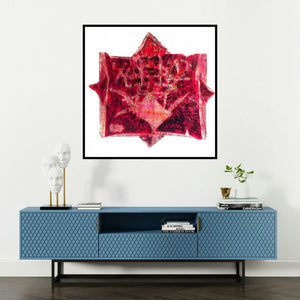 'Untitled 1 (Crimson Chaos)' painting by Sanjay Sawant shown on a wall in a furnished room.