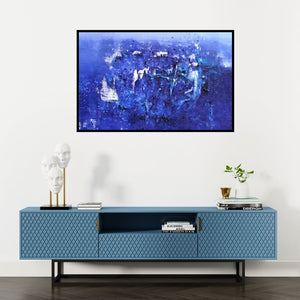 Preview of 'Untitled 1 (Midnight Ocean)' Painting by Dnyaneshwar Dhavale shown on a wall in a furnished room.