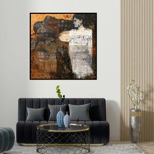 Swati Sable's 'Untitled 1 (Figure in White)' painting visualized above a sofa in a contemporary room.