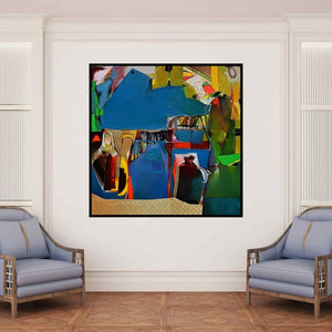 In-situ view of Bhaurao Bodade's 'Untitled 1 (The Blue Abode)' painting in a room