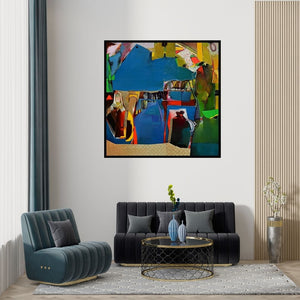 Preview of 'Untitled 1 (The Blue Abode)' Painting by Bhaurao Bodade shown on a wall in a furnished room.