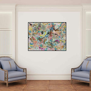 'Untitled 1 (A Universe Unfolding**)' painting by Sheena Bajaria shown on a wall in a furnished room.