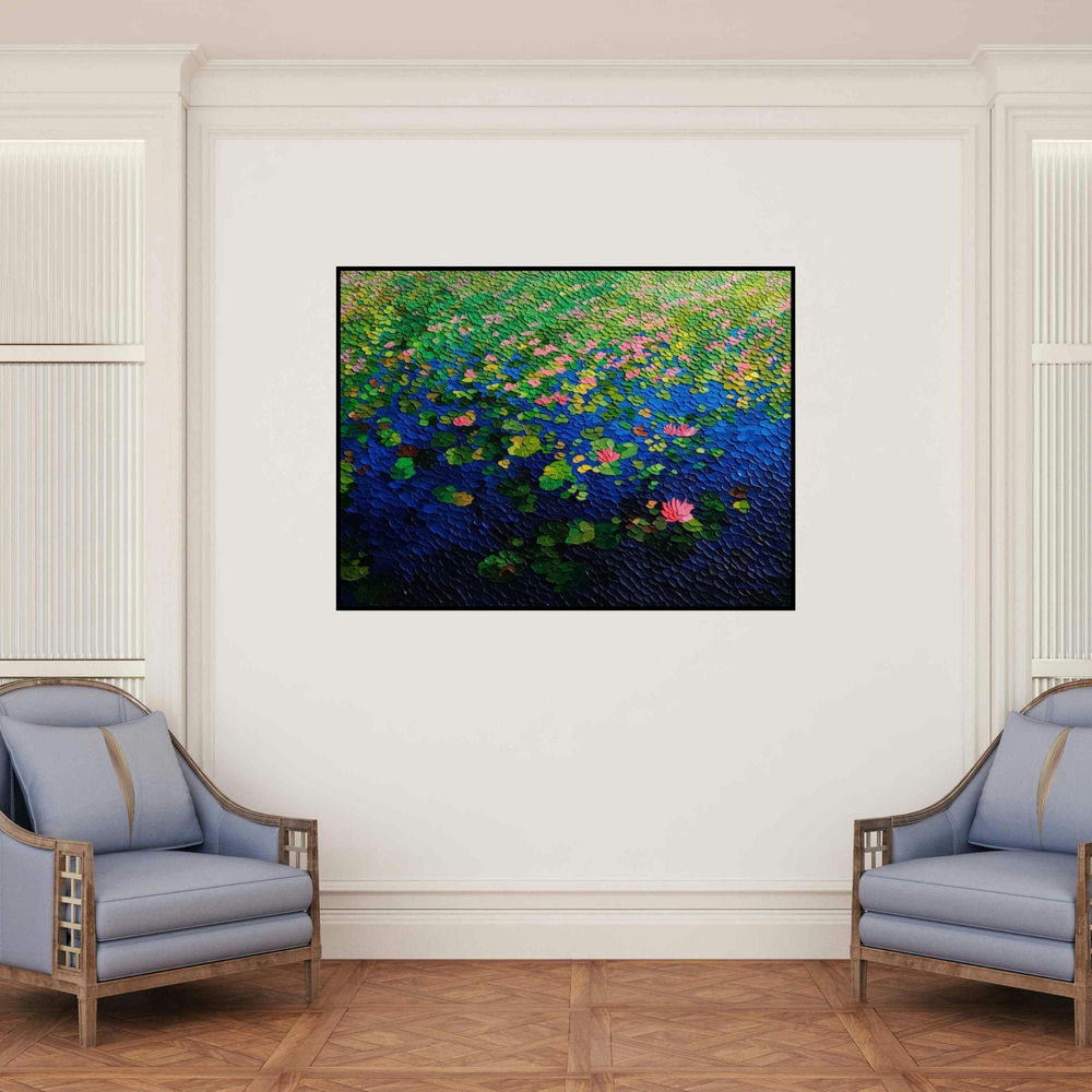 'Untitled 1 (Lotus Pond at Dusk)' painting by Shraddha More shown on a wall in a furnished room.