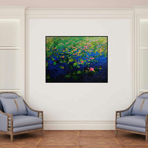 'Untitled 1 (Lotus Pond at Dusk)' painting by Shraddha More shown on a wall in a furnished room.