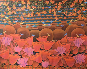 Untitled 1 (Blooming Harmony) by Sadaf Beg Khan, Original Acrylic Nature Painting on Canvas, Large Horizontal Wall Art
