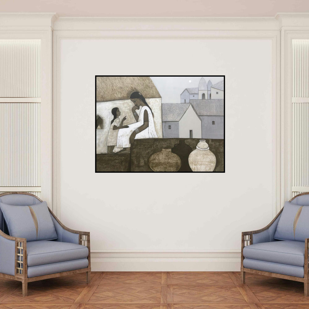 'Untitled 1 (Mother and Child)' painting by Nagesh Ghodke shown on a wall in a furnished room.