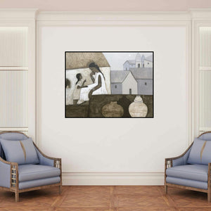 'Untitled 1 (Mother and Child)' painting by Nagesh Ghodke shown on a wall in a furnished room.