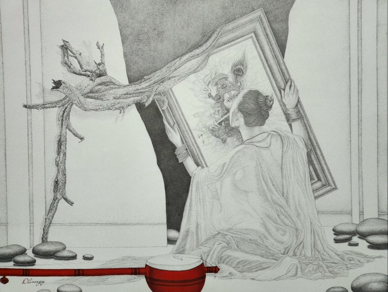 Untitled 1' religious pen-ink drawing by artist Dhananjay Thakur, 36x48 inch, on canvas