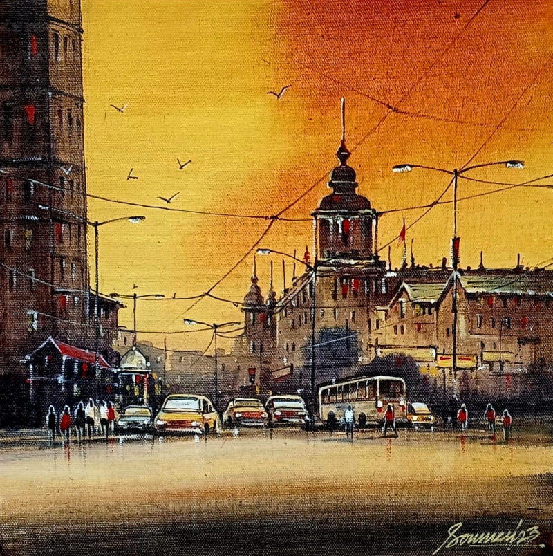 Untitled 1' cityscape acrylic painting by artist Soumen Saha, 12x12 inch, on canvas board